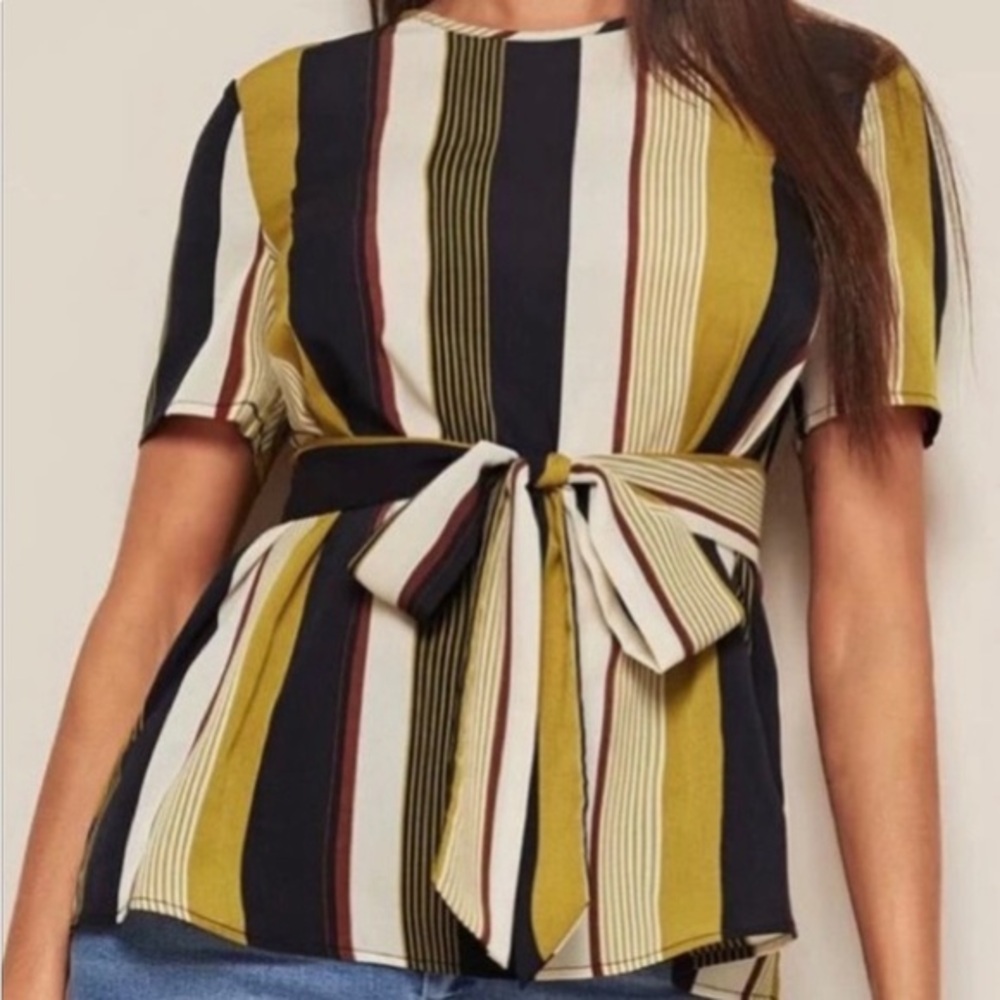 Belted Striped Black Green and Burgundy Top Sz MED New!